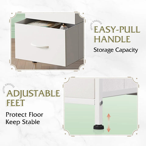 Detail of the easy-pull handles and adjustable feet on a White Three Drawer Fabric Storage Nightstand with Wood Top and Steel Frame.