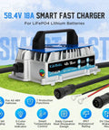 Beefy 48V LiFePO4 Battery Charger 1250W 58.4V 18A IP67 Waterproof for 48V Systems with connectors and label details visible