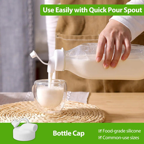 Pouring milk from 32 Oz Glass Milk And Juice Bottle Set With No Leak Airtight Screw Lid and Silicone Gasket into a glass