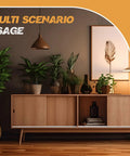 Modern living room with wooden sliding cabinet, potted plants, and decorative items highlighting versatile design usage.