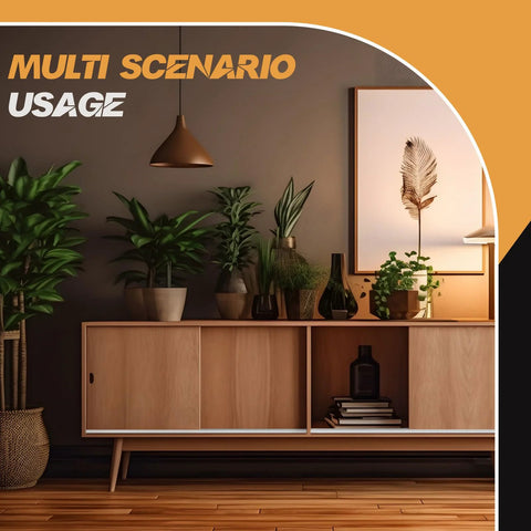Modern living room with wooden sliding cabinet, potted plants, and decorative items highlighting versatile design usage.
