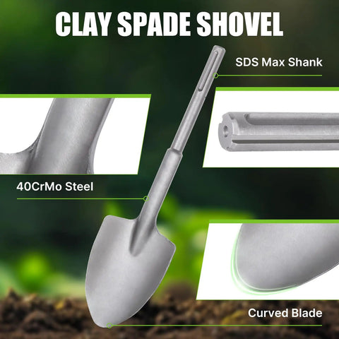 SDS Max Shank 40Cr Steel Clay Spade Demolition Jack Hammer Bit 16.1 Inch with curved blade and 40CrMo steel material.