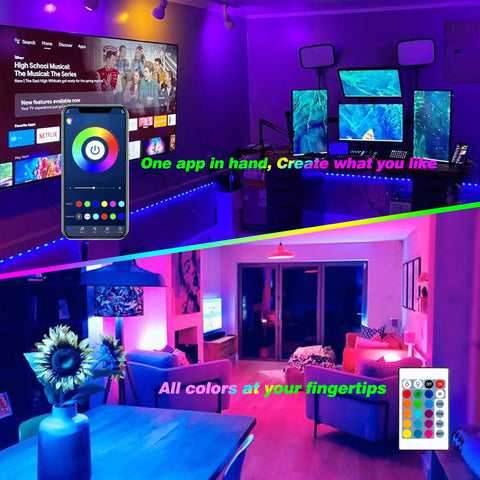 120ft Bluetooth RGB LED Strip Lights with App Control illuminating a living room, highlighting vibrant colors and cozy vibe.
