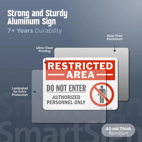 Restricted Area Do Not Enter Authorized Personnel Only OSHA Metal Sign, 10 by 14 Inch, 40 Mil Laminated Aluminum, Rustproof, Red Black White, Made in USA, Easy Mount With Four Corner Holes