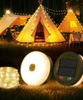 Retractable 33ft Solar Camping String Lights 4 In 1 Lantern With 8 Modes Portable Rechargeable Camp Lamp shown near tents