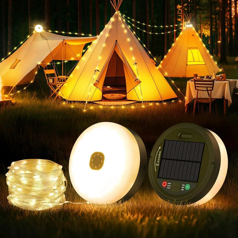 Retractable 33ft Solar Camping String Lights 4 In 1 Lantern With 8 Modes Portable Rechargeable Camp Lamp shown near tents