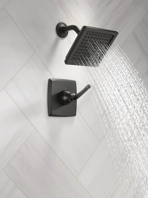 Geist 14 Series Matte Black Shower Faucet Set with Shower Head and Valve Trim Kit, water flowing, 142864 BL