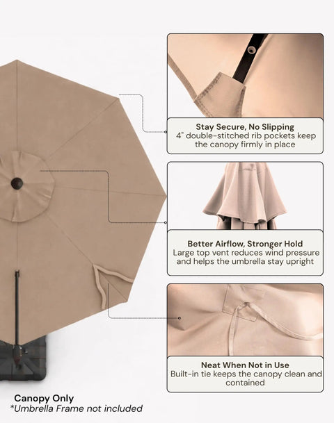 Replacement Canopy Top Only For 11 Foot Cantilever Offset Umbrella Fits 8 Rib 64 To 66 Inch Rib Length Taupe Round 270 GSM
