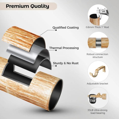 Premium quality Rustic Wood Curtain Rod Set For Windows 48 To 84 Inches 1 Inch Diameter with coating and thermal processing details.