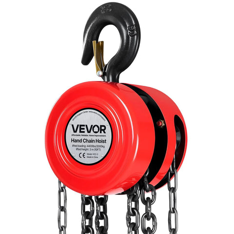 VEVOR hand chain hoist, red body with black hook, 2-ton capacity, galvanized chain, 10 ft lifting height