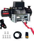 Heavy Duty 13800 Lbs Electric Winch For Trucks, UTVs And Offroad Vehicles With Steel Cable, complete with remote and accessories.
