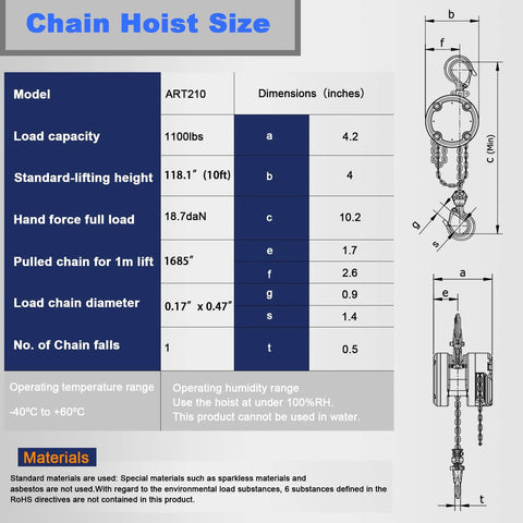 Industrial Mini Manual Chain Hoist With 1100 Lbs Capacity And 10 Foot Lift specification chart with dimensions and details.