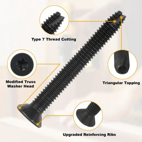 Close-up of Five Sixteenth Inch Thread Cutting Self Drilling Deck Screws Type Seven Star Drive T Thirty Flat Head texture and features.