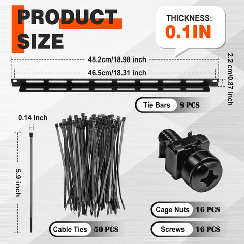 8 Set 1U Cable Management Tie Bar Kit for 19 Inch Server Racks with open frame cabinets showing components and dimensions