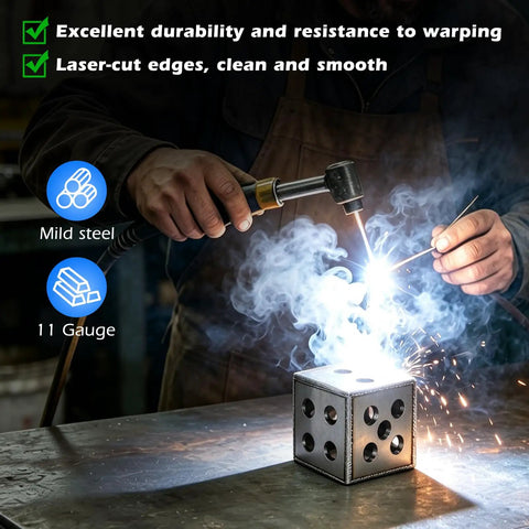 Person welding with 24 Piece Laser Cut Welding Coupons Set For Practice Plates 11 Gauge Mild Steel One Eighth Inch Thick