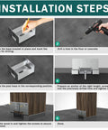 Installation steps for Six Pack 6x6 Post Anchor Base Adjustable Wood Brackets for concrete projects, showing drilling and securing process.