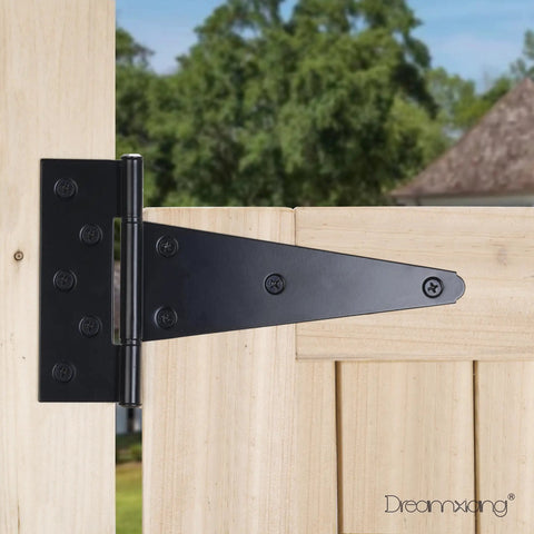 8 Inch T Strap Gate Hinges Heavy Duty For Shed Barn Door Black Tee Hinges For Wooden Fence Yard Gate Wrought Iron Rustproof 2 Pack Durable Weather Resistant Build installed on a wooden gate