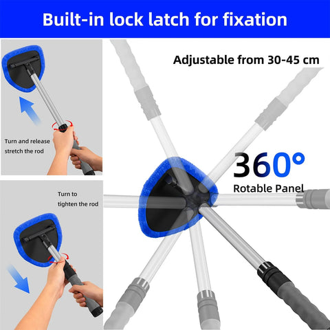 Desin windshield cleaning tool with blue microfiber pad, extendable aluminum handle and 360° rotatable head.