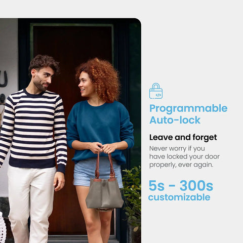Secure Pro Wi-Fi Deadbolt Smart Lock Packs Hella Fast Ai Fingerprint Unlock In Just.2 Seconds Alongside A Ridiculously Slim Interior Body For A Clean Vibe And Quick Plug And Play Setup with two people standing by a front door.
