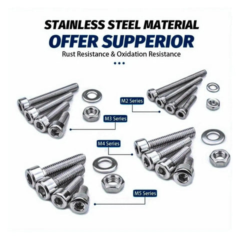 880 Pcs M2 M3 M4 M5 Stainless Steel Hex Socket Cup Head Screws And Bolts Kit for machinery assembly, various sizes shown