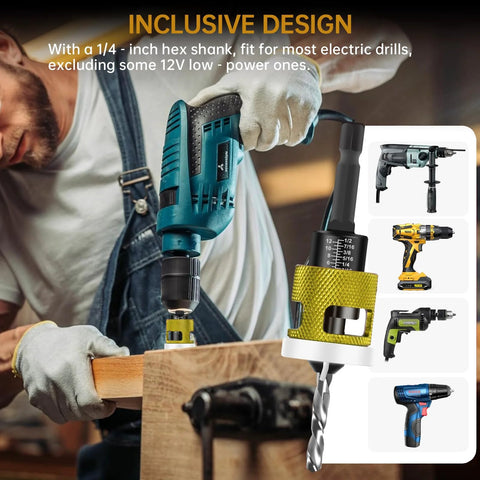 5-piece countersink drill bit set with depth stop; teal cordless drill foreground with replaceable HSS M2 bits