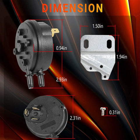Air Pressure Switch 1.74 In WC Replacement for Intertherm and Miller HVAC dimensions and components visualization.
