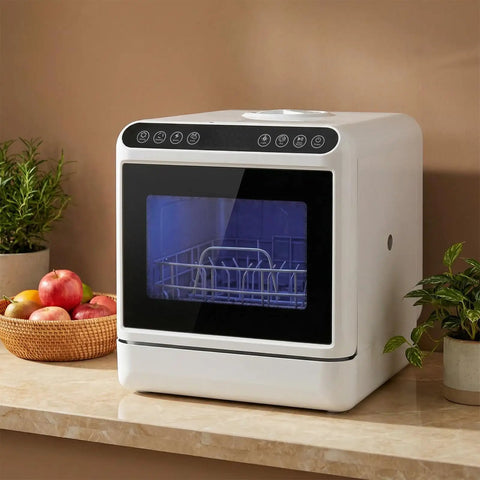 Compact Countertop Dishwasher With Swiveling Dual Spray Arms Totally Plug And Play Auto Dry System displayed on a kitchen countertop.