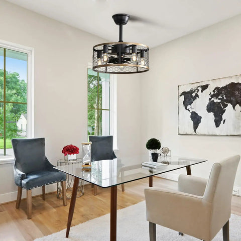 20 Inch Industrial Cage Ceiling Fan with 7 ABS Blades hanging in a bright dining area with modern decor.