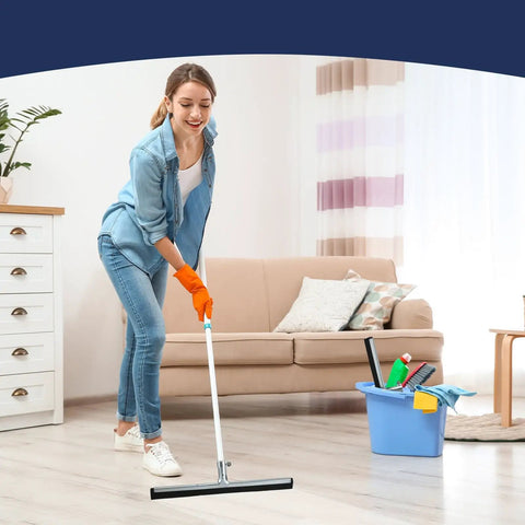 4 Pack Double Foam Floor Squeegee For Concrete And Industrial Floors, Heavy Duty Stainless Steel Scrubber With EVA Foam Blade, 18 Inch Wide in use on living room floor