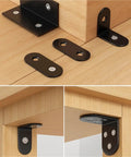 Super Heavy Duty Black Steel L Brackets 20 Pack Rock Solid Corner Reinforcements For Shelves Cabinets And Woodworking Joints 150 Millimeter Size, showing three brackets attached to wood.
