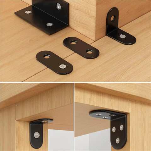 Super Heavy Duty Black Steel L Brackets 20 Pack Rock Solid Corner Reinforcements For Shelves Cabinets And Woodworking Joints 150 Millimeter Size, showing three brackets attached to wood.