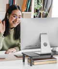 Go To Adjustable Desk Monitor Stand With Laptop Riser And Under Desk Storage in use with computer monitor, black metal frame.