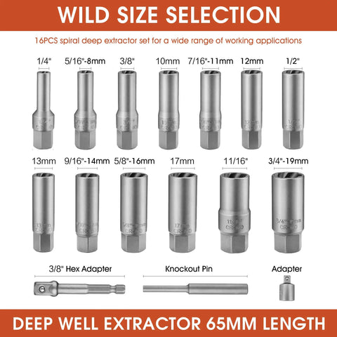 Deep Well Bolt Extractor Set Beefy Sixteen Piece Three Eighths Inch Deep Socket Tools displayed with various sizes and adapters