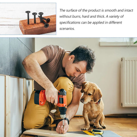 Man using drill with 210 Piece Carbon Steel Self Tapping Screws Kit With Washer Pan Head Cross Drive Full Thread M3.0 To M4.8 Black Finish For Cabinets Shelves And General Hardware Use, next to a dog.