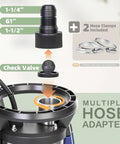 Close-up of Automatic 1HP Submersible Sump Pump With Built In Float showing hose adapter and check valve components.
