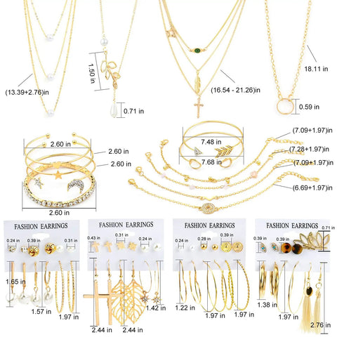 Must Have 38 Piece Jewelry Set For Women With Four Necklaces Ten Bracelets And Twenty Four Layered Ball Hoop Earrings Lightweight Alloy Fashion Jewelry For Everyday Glam Eco Friendly And Colorfast Gift Ready gold-tone alloy set