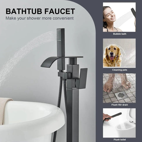 Matte Black Free Standing Tub Faucet With Hand Shower Floor Mounted Brass Tub Filler For Modern Bathrooms