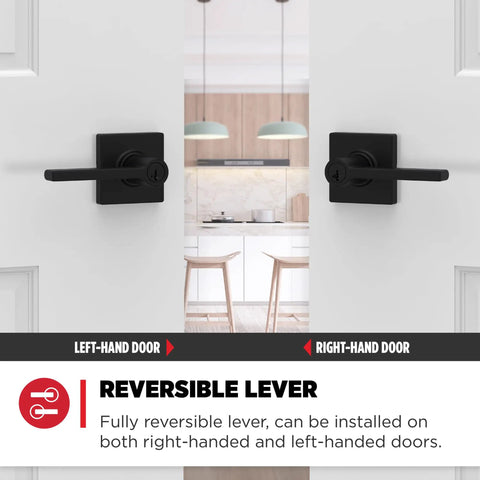 Keyed Entry Door Handle With Lock And Key, Reversible Exterior Lever, Matte Black Finish, shown on left and right-hand doors.