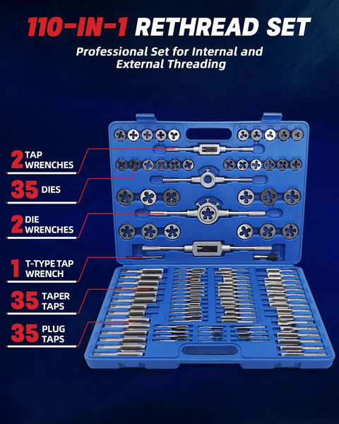110 Piece Metric Tap And Die Set For Rethreading Threads Kit With Durable Storage Case Pro Grade External And Internal Thread Cutting M3 To M16 EilxMag showing open case with taps, dies, and wrenches