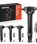 Four Ignition Coil Packs And Iridium Spark Plugs For Jeep Compass Patriot, Dodge Journey, Avenger, Caliber on white background