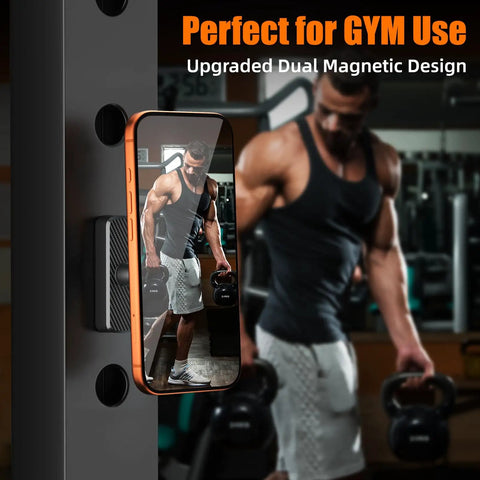 Dual Magnetic Phone Holder For Gym Workout Kitchen Or Any Metal Surface With Rock Solid Power Magnet Base Mount For MagSafe