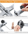 Pro Grade Dial Indicator Table Saw Gauge installation steps with wrench, plum blossom nuts, and indicator bar attachment.