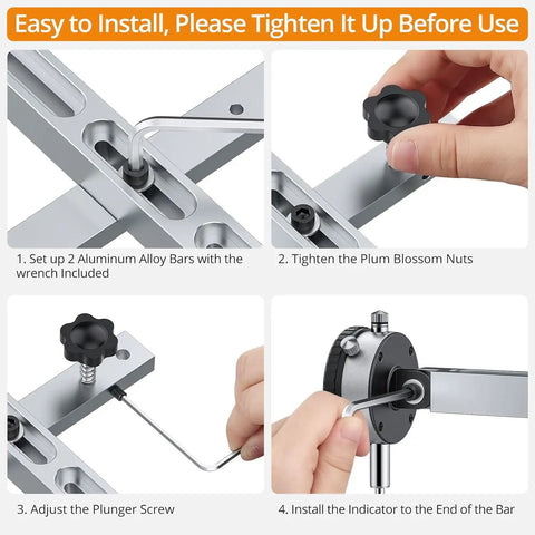 Pro Grade Dial Indicator Table Saw Gauge installation steps with wrench, plum blossom nuts, and indicator bar attachment.