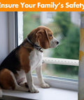 Adjustable Sliding Door Security Bar 17 To 51 Inches For Patio Doors And Windows, Heavy Duty Childproof Safety Bar For Apartments And Bedrooms, Bottom Of Door Mount, White Interior Accessory For Extra Home Security installed in window with dog sitting.