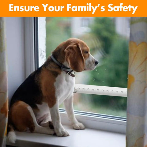 Adjustable Sliding Door Security Bar 17 To 51 Inches For Patio Doors And Windows, Heavy Duty Childproof Safety Bar For Apartments And Bedrooms, Bottom Of Door Mount, White Interior Accessory For Extra Home Security installed in window with dog sitting.