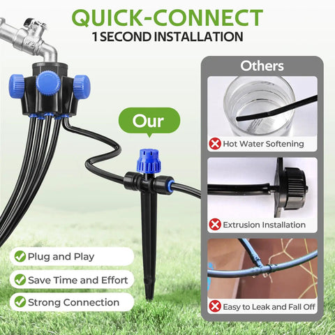 50Ft Garden Drip Irrigation Kit with Automatic Watering System, showing quick-connect tubing and five-way connector for easy setup