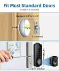 Installation diagram of 5 in 1 Keyless Entry Smart Lock with Fingerprint Deadbolt Auto Lock Touch Keypad on a wooden door.
