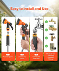 Installation guide for Stainless Steel Garden Hose 50 Ft With 10 Function Spray Nozzle showing gasket, nozzle, and pipe connection.