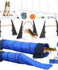 Backyard Dog Agility Kit For Indoor Training, Pro Grade 13 Piece Set with adjustable jumps, collapsible tunnel, hoops, and stakes.