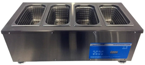 Multi Tank Ultrasonic Cleaner 4 Chamber 25 Liter Industrial Parts Washer For Carb Cleaning with stainless steel design and digital display.